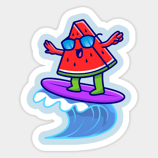 Cute Watermelon Surfing In The Sea Cartoon Sticker by Catalyst Labs